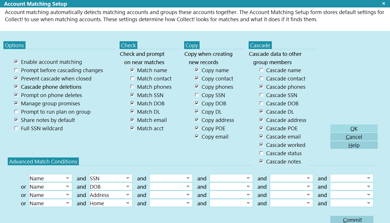 Account Matching Setup Screen